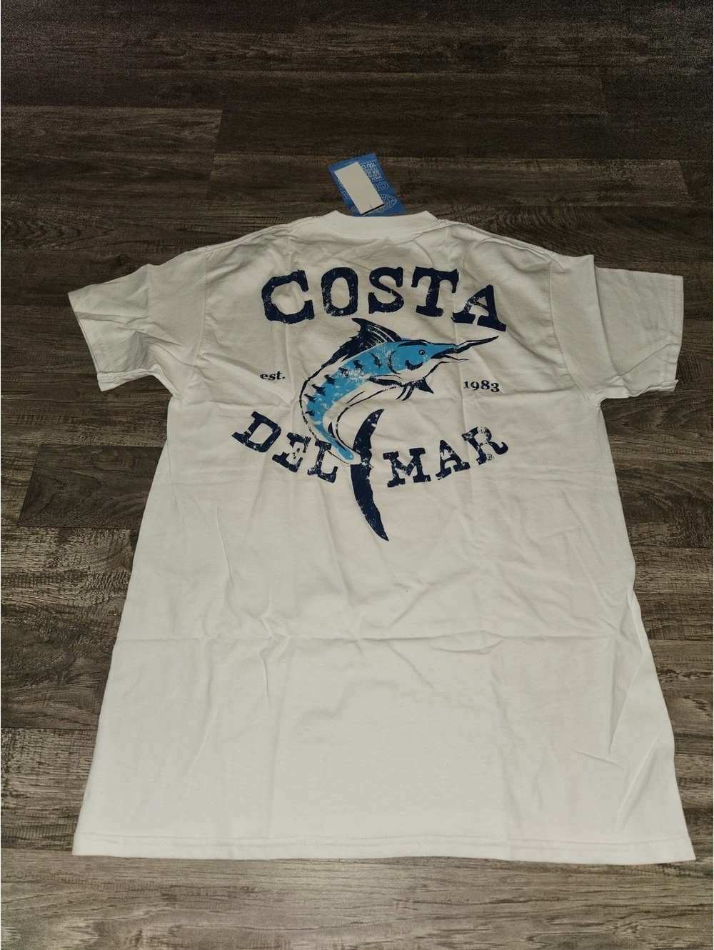 Costa White Short Sleeve Tee with Blue Marlin Graphic